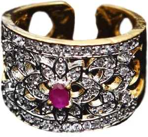 Indian Traditional Polki Rings Yellow Gold Plated Studded with Cubic Zircon Latest Stylish Fashion Jewellery for Women and Girls Free-Size (US:7)