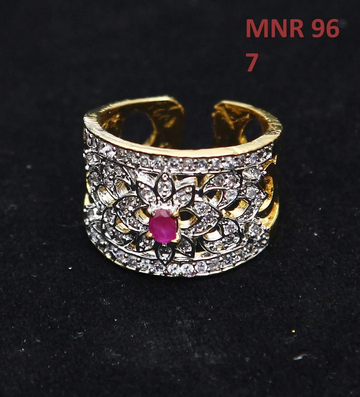 Indian Traditional Polki Rings Yellow Gold Plated Studded with Cubic Zircon Latest Stylish Fashion Jewellery for Women and Girls Free-Size (US:7)