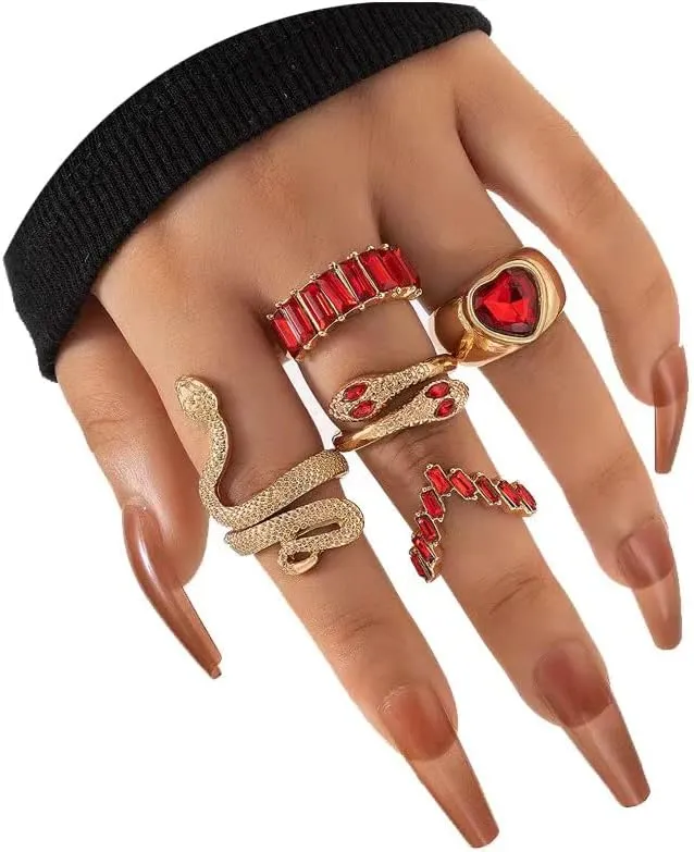 INENIMARTJ Snake Knuckle Rings for Women - Gold Boho Crystal Heart Stacking Finger Rings Set - Vintage Snake Jewelry (Red)