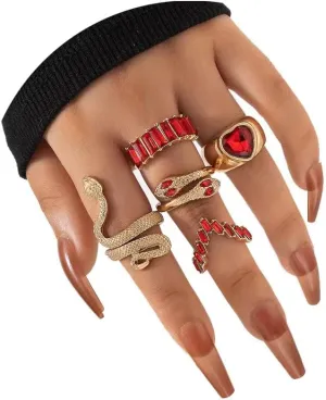 INENIMARTJ Snake Knuckle Rings for Women - Gold Boho Crystal Heart Stacking Finger Rings Set - Vintage Snake Jewelry (Red)