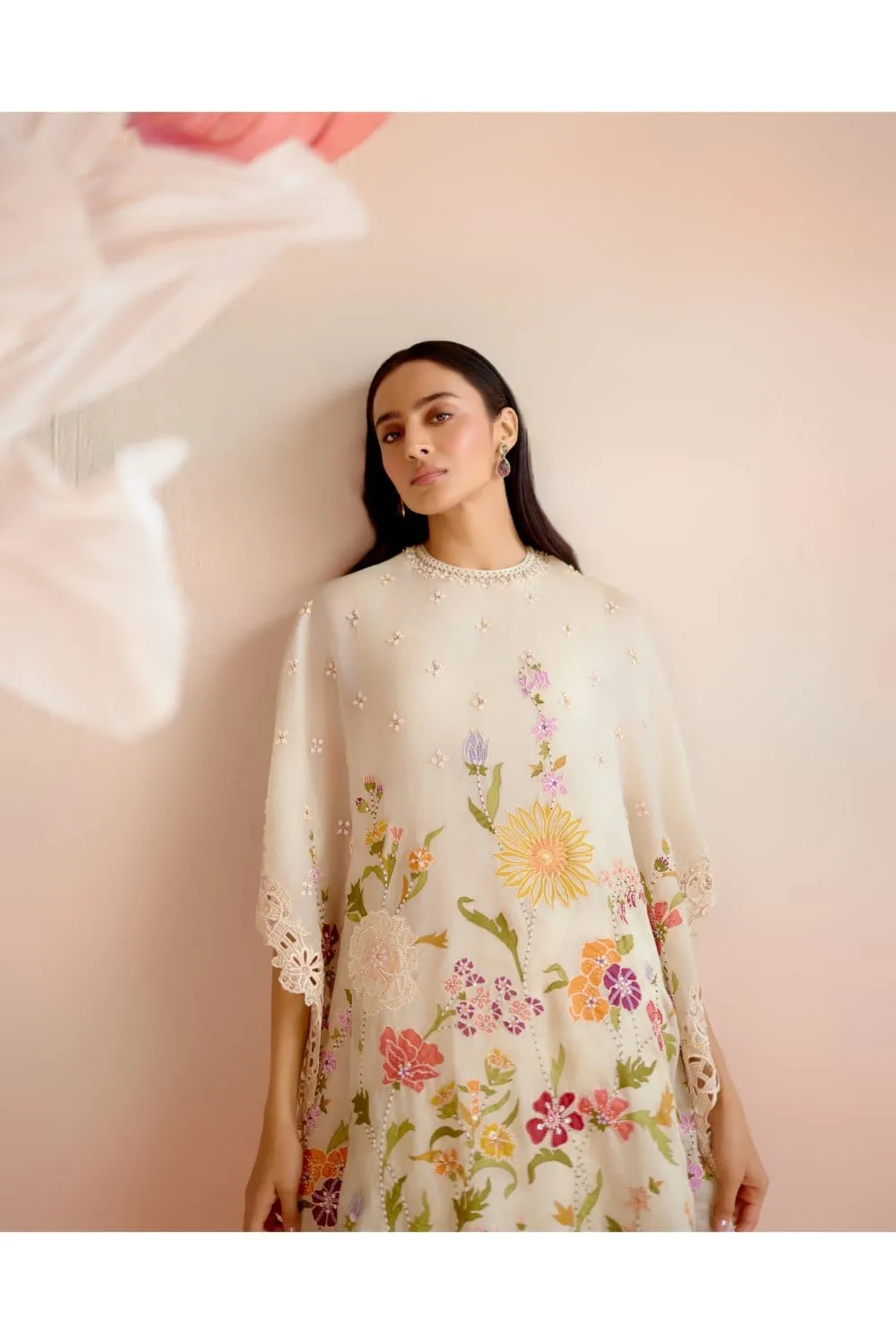 Ivory Floral Applique And Beadwork Kaftan