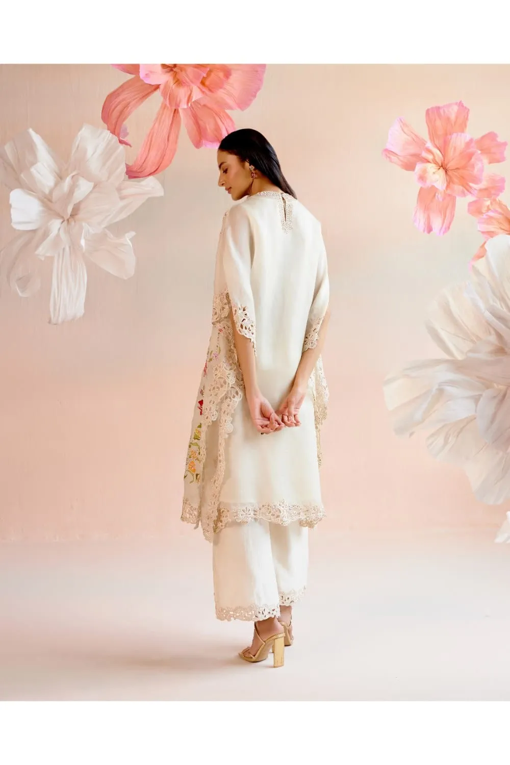 Ivory Floral Applique And Beadwork Kaftan