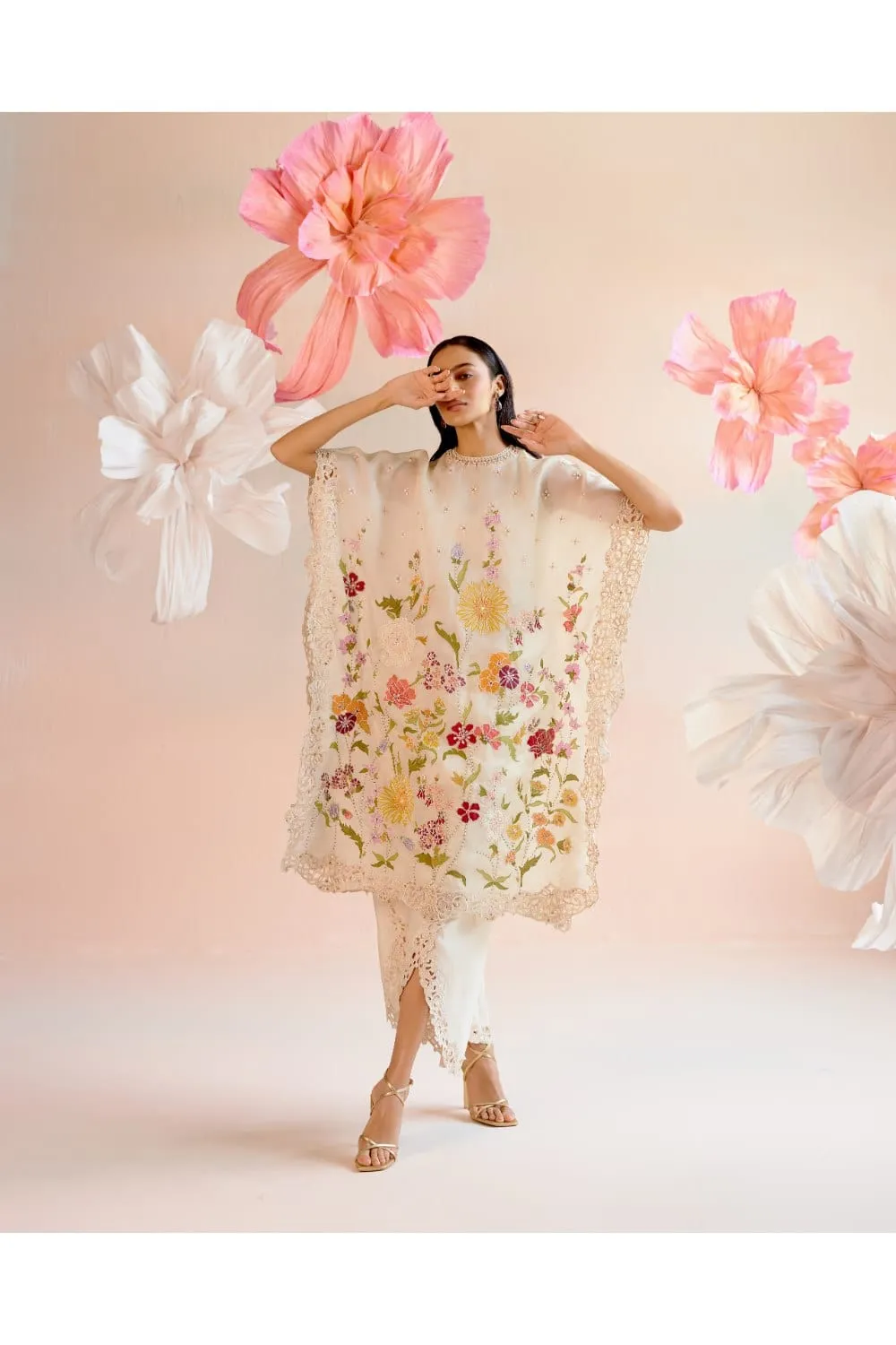 Ivory Floral Applique And Beadwork Kaftan