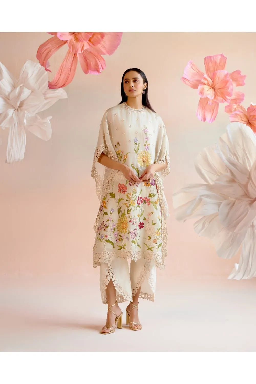 Ivory Floral Applique And Beadwork Kaftan