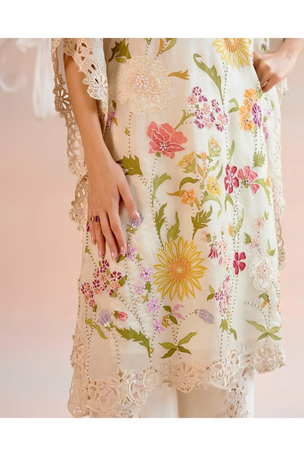 Ivory Floral Applique And Beadwork Kaftan