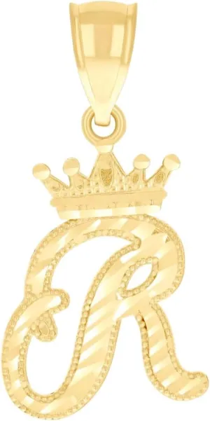 JewelryWeb 10k Yellow Gold Unisex Crown R Alphabet Letter Name Personalized Monogram Initial Charm Pendant Necklace 28x13.8mm Wide-Pendant for Women
