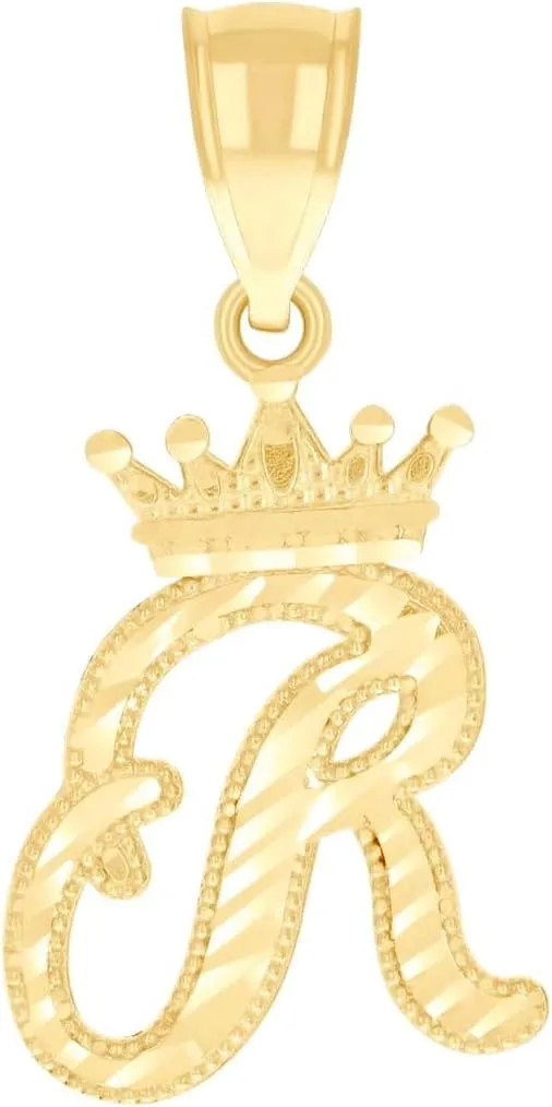 JewelryWeb 10k Yellow Gold Unisex Crown R Alphabet Letter Name Personalized Monogram Initial Charm Pendant Necklace 28x13.8mm Wide-Pendant for Women