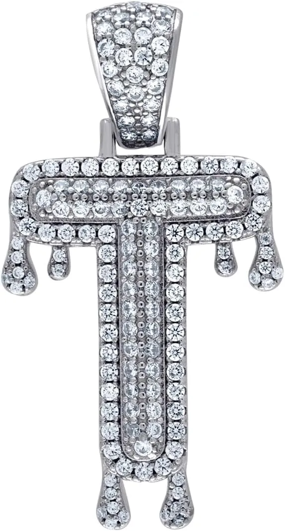JewelryWeb 925 Sterling Silver Unisex CZ Simulated Diamond Letter Name Personalized Monogram Initial Alphabet T Dripping Charm Pendant Necklace-Pendant for Women