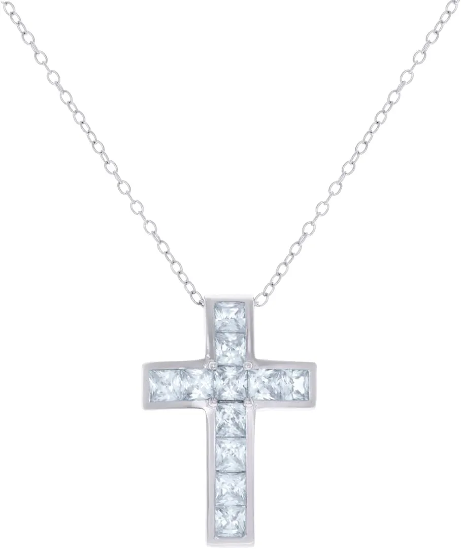 JewelryWeb 925 Sterling Silver Womens Princess cut CZ Simulated Diamond Cross Religious Charm Necklace 23.2x15.8mm Wide Pendant-Necklace for Women