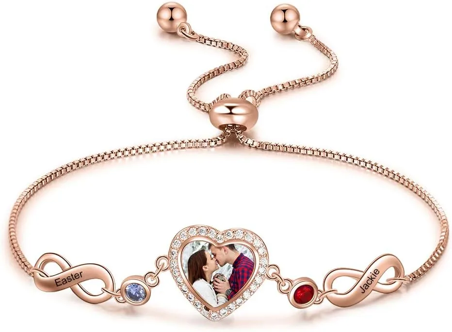 Jewelstruck Friendship Bracelets Personalized Heart Locket Bracelets for Women Infinity Gold Locket with Picture Custom Birthstones Names for Mom Daughter Wife Best Friends