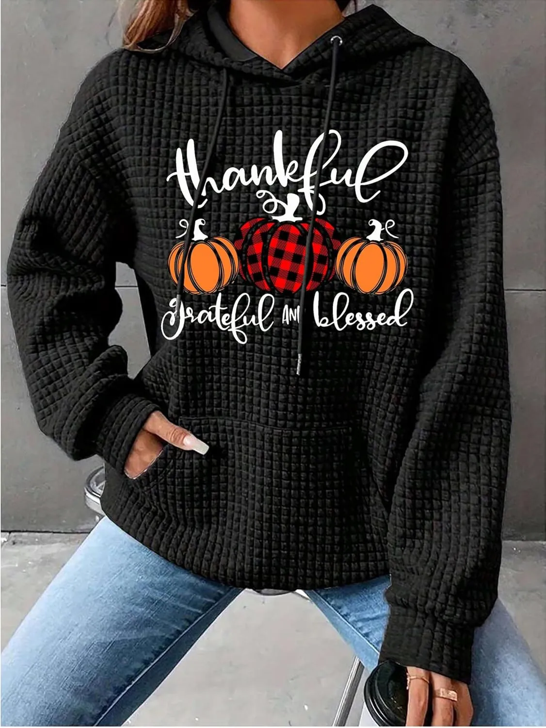 jusgai Thankful Grateful Blessed Sweatshirt for Women Waffle Knit Thanksgiving Shirts Fall Thanksgiving Pumpkin Tshirt Tops