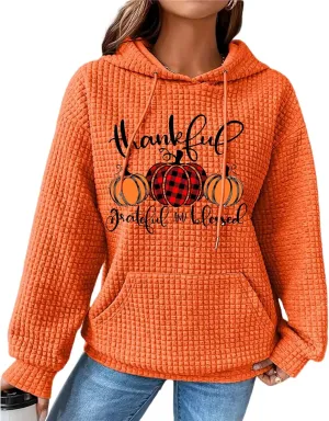 jusgai Thankful Grateful Blessed Sweatshirt for Women Waffle Knit Thanksgiving Shirts Fall Thanksgiving Pumpkin Tshirt Tops