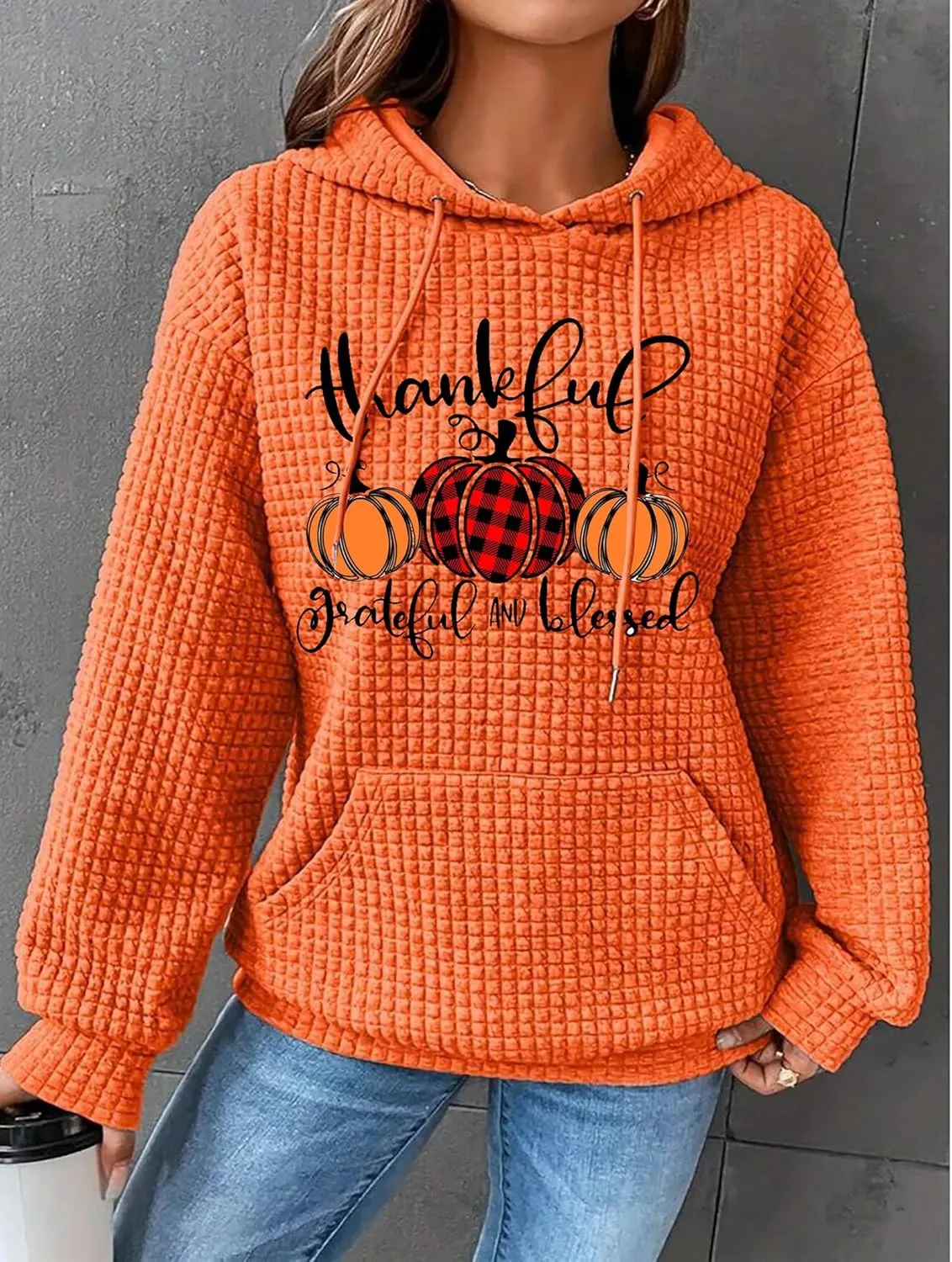 jusgai Thankful Grateful Blessed Sweatshirt for Women Waffle Knit Thanksgiving Shirts Fall Thanksgiving Pumpkin Tshirt Tops