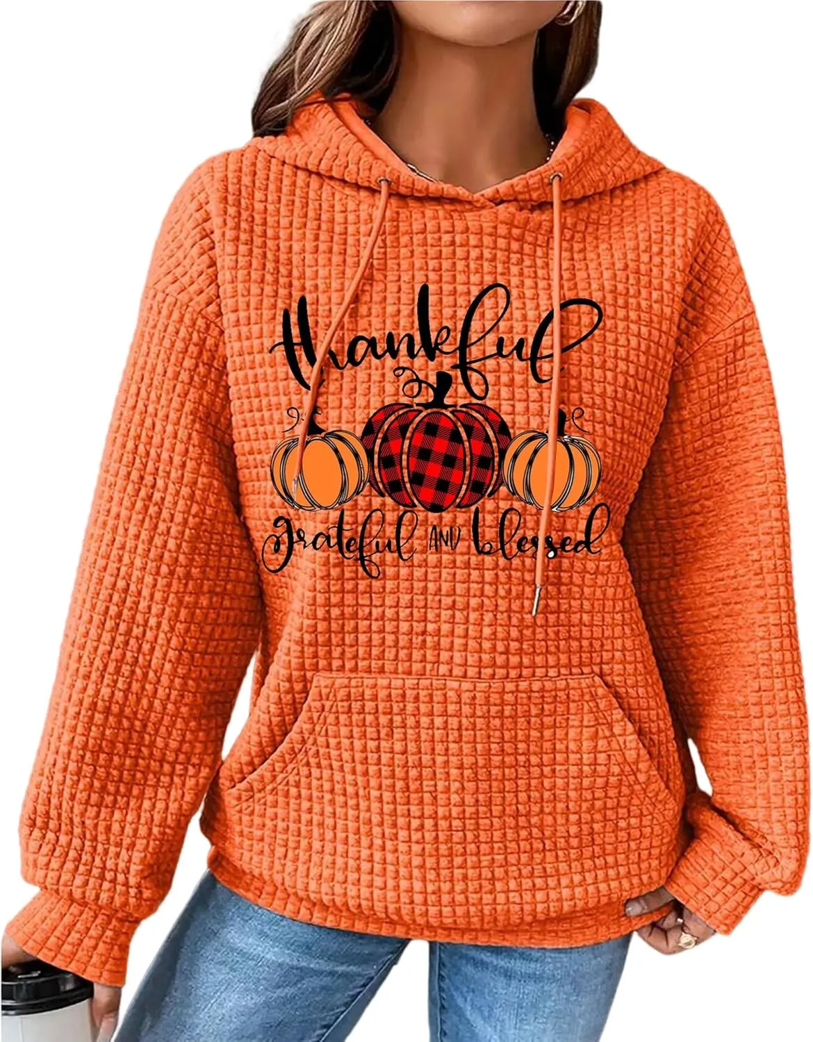 jusgai Thankful Grateful Blessed Sweatshirt for Women Waffle Knit Thanksgiving Shirts Fall Thanksgiving Pumpkin Tshirt Tops
