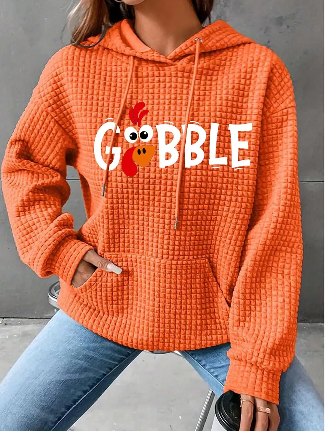 jusgai Thankful Grateful Blessed Sweatshirt for Women Waffle Knit Thanksgiving Shirts Fall Thanksgiving Pumpkin Tshirt Tops