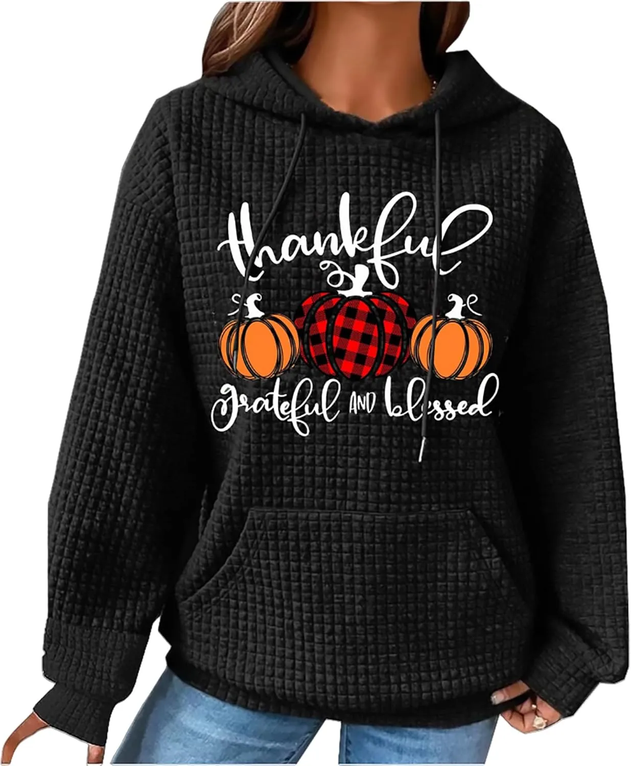jusgai Thankful Grateful Blessed Sweatshirt for Women Waffle Knit Thanksgiving Shirts Fall Thanksgiving Pumpkin Tshirt Tops