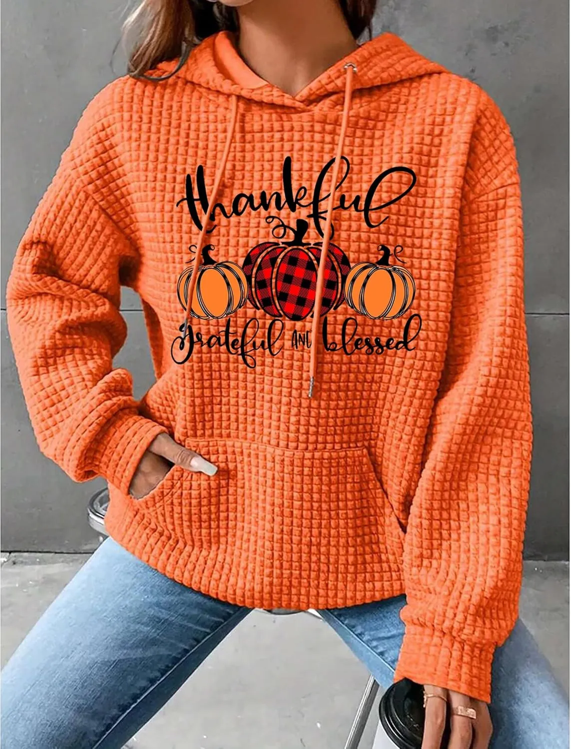 jusgai Thankful Grateful Blessed Sweatshirt for Women Waffle Knit Thanksgiving Shirts Fall Thanksgiving Pumpkin Tshirt Tops