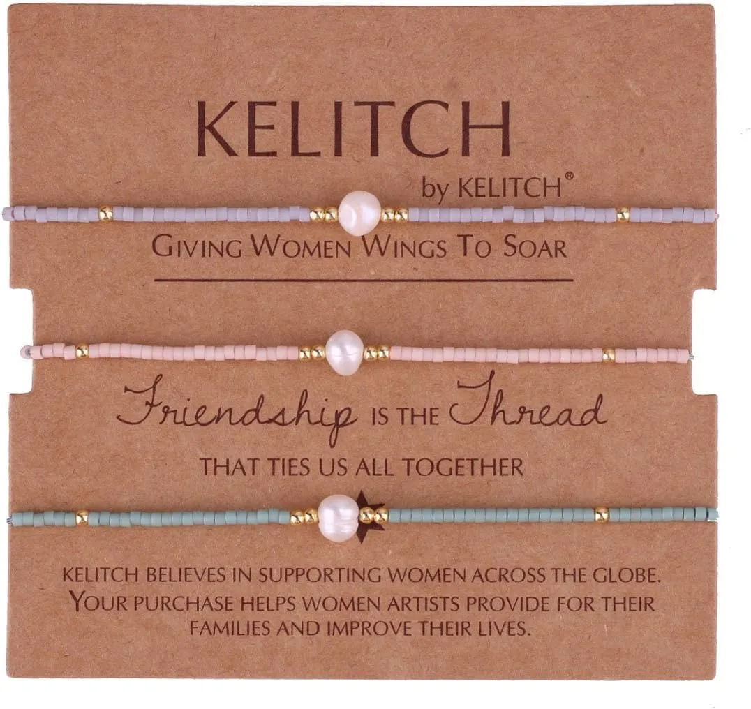 KELITCH 3 PCS Natural Pearls Bracelets Women Strand Thin Rope Friendship Bracelets Handmade Stack Charm Bracelets