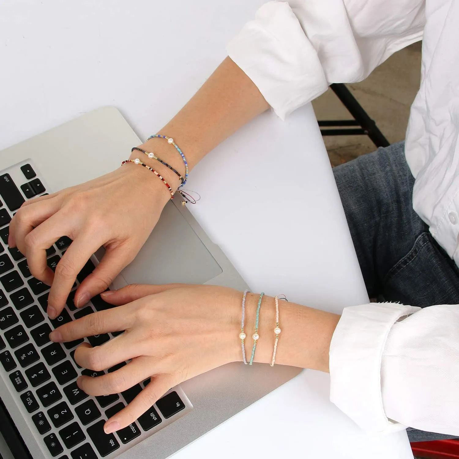 KELITCH 3 PCS Natural Pearls Bracelets Women Strand Thin Rope Friendship Bracelets Handmade Stack Charm Bracelets