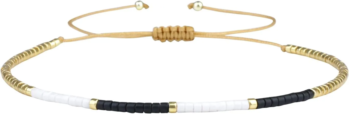 KELITCH Miyuki Bead Bracelets Mix Color Rope Strand Bracelets Handmade Tiny Bracelets for Women (White Black 24F)