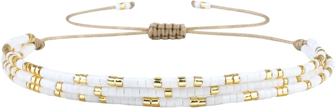 KELITCH Miyuki Multi Strand Bracelets Colorful Mix Gold Bead Bracelets Handmade Beach Bracelets for Women (White 40L)