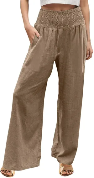 Khaki Linen Pants Women Wide Leg Flowy Breathable Friends' Gathering Beach Pants Spring Themed Party Casual Trousers