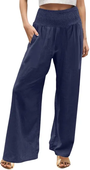 Khaki Linen Pants Women Wide Leg Flowy Breathable Friends' Gathering Beach Pants Spring Themed Party Casual Trousers