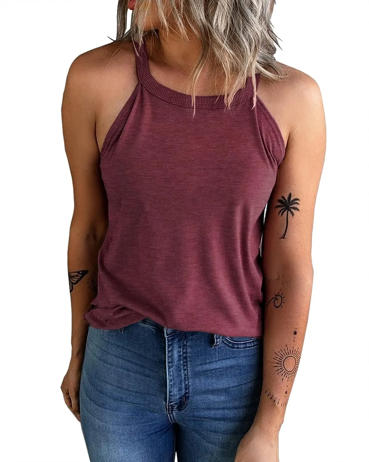 KINLONSAIR Women's Summer Sleeveless Halter Tee Shirts Crew Neck Workout Tank Tops Casual Plain Cami Shirts