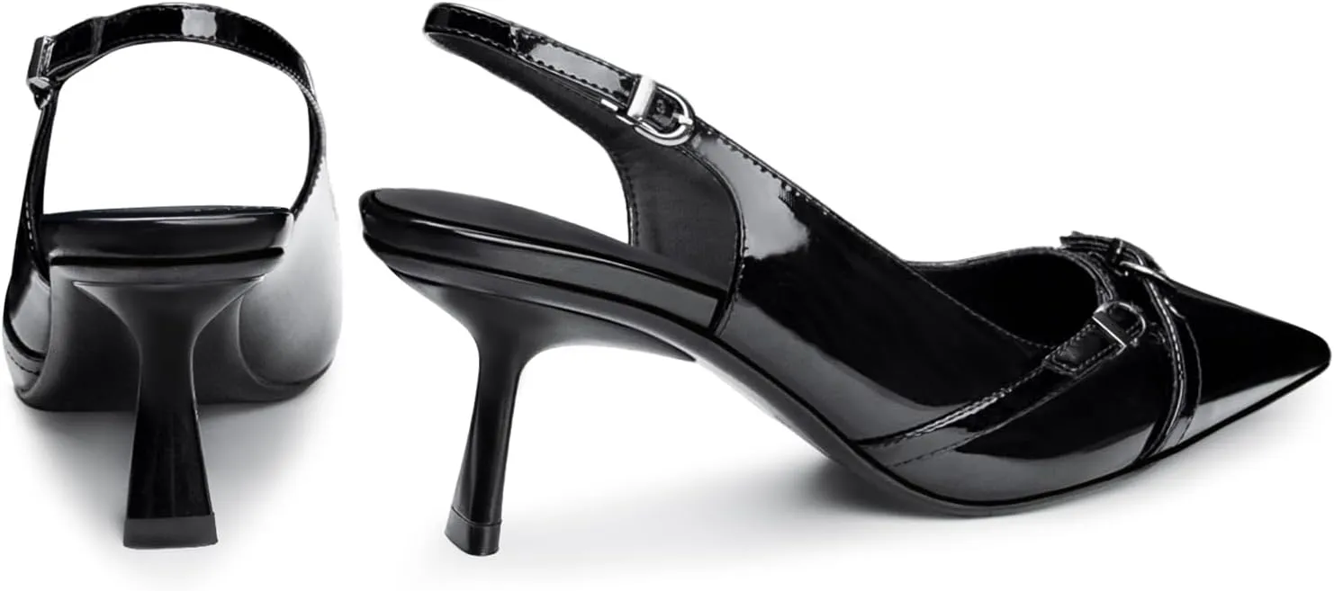 Kitten Heels for Women Closed Pointed Toe Heels Patent Leather Low Heel Slingback Dress Shoes Feature Adjustable Buckle for Date Party Work Office Comfortable Sexy Pumps Shoes