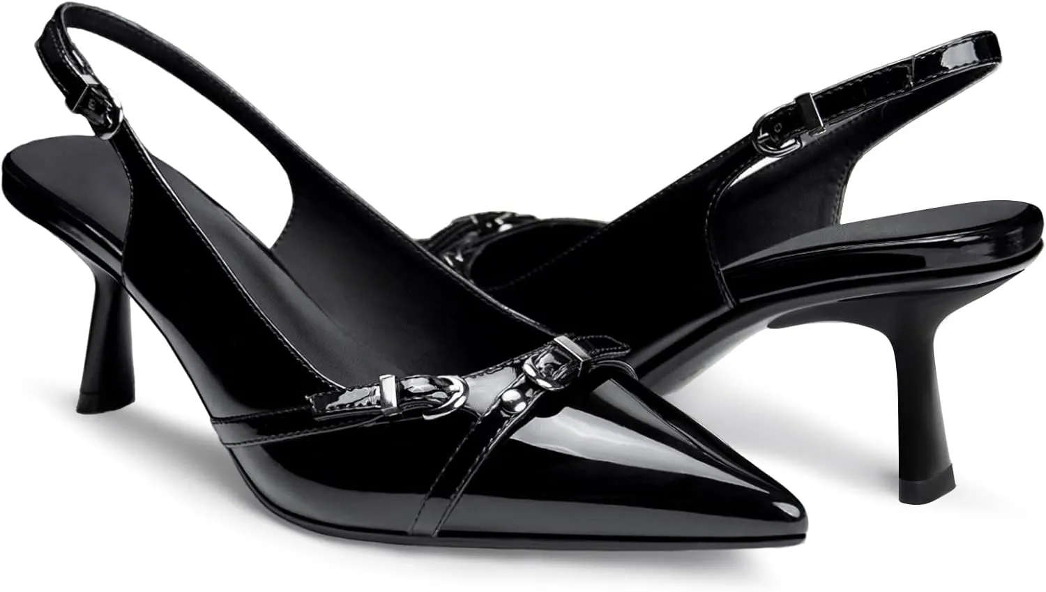 Kitten Heels for Women Closed Pointed Toe Heels Patent Leather Low Heel Slingback Dress Shoes Feature Adjustable Buckle for Date Party Work Office Comfortable Sexy Pumps Shoes
