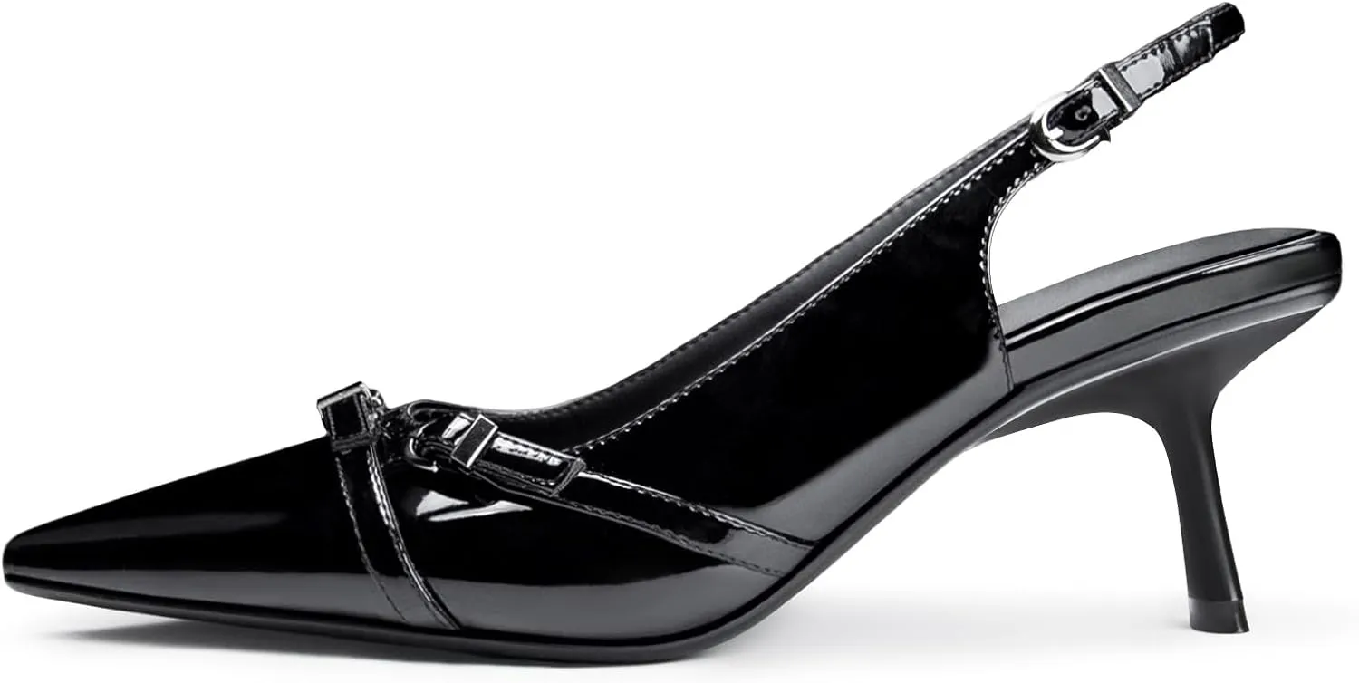 Kitten Heels for Women Closed Pointed Toe Heels Patent Leather Low Heel Slingback Dress Shoes Feature Adjustable Buckle for Date Party Work Office Comfortable Sexy Pumps Shoes