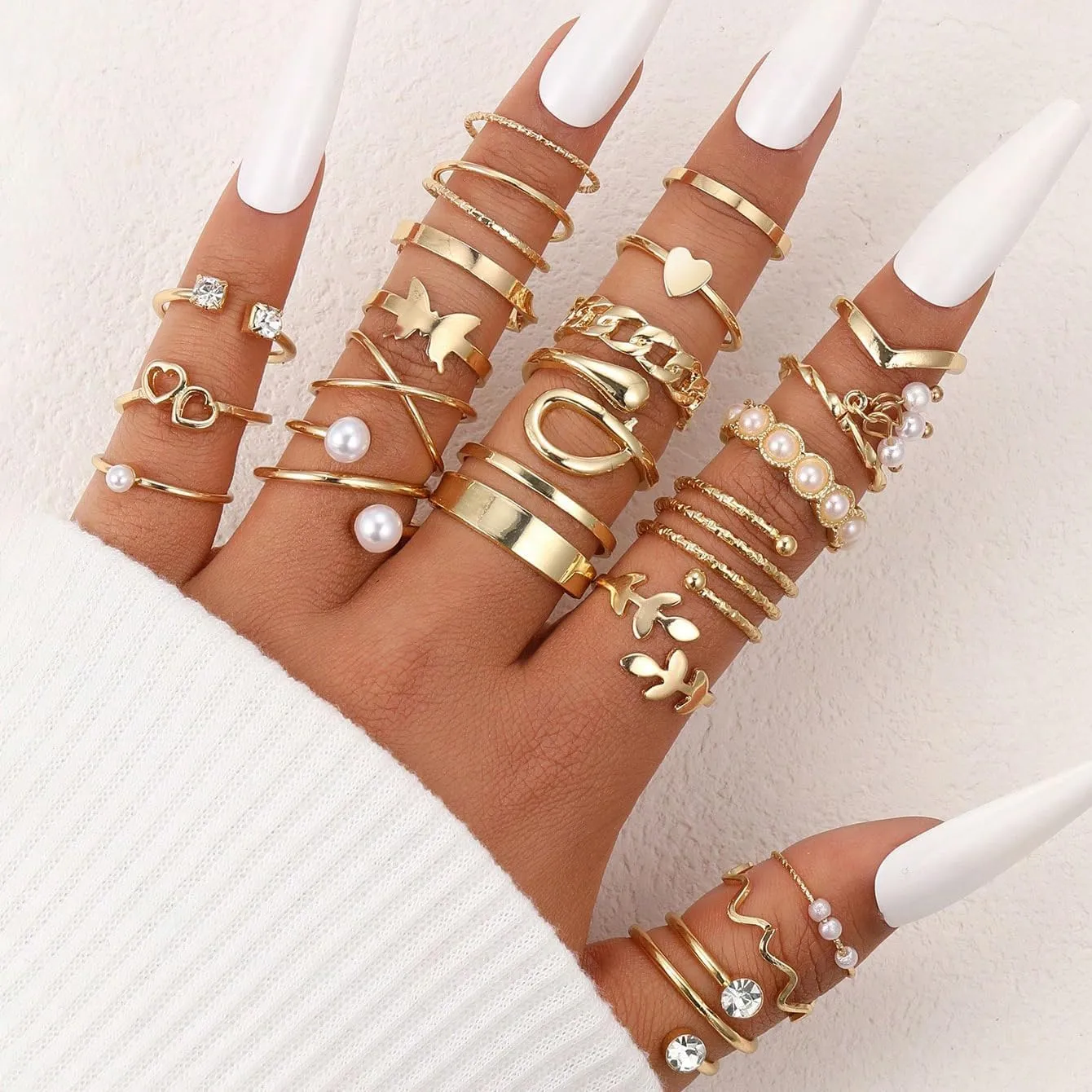 Knuckle Stackable Gold Rings for Women Gold Stacking Ring Set Vintage Boho Ring Set Butterfly Heart Pearl Rhinestone Stackable Statement Rings for Women