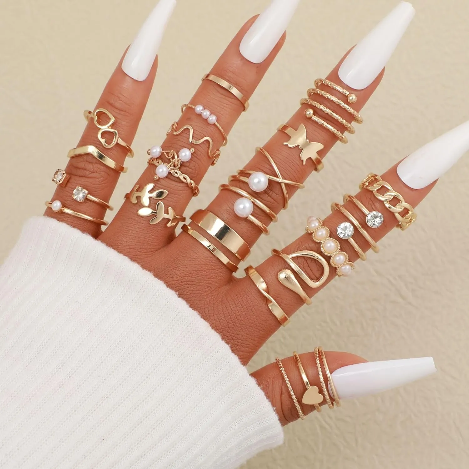 Knuckle Stackable Gold Rings for Women Gold Stacking Ring Set Vintage Boho Ring Set Butterfly Heart Pearl Rhinestone Stackable Statement Rings for Women