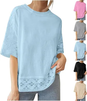 Lace Hollow Out Cotton Linen T Shirts for Women Casual Summer 2025 Crewneck 3/4 Sleeve Tops Loose Vacation Boho Tees