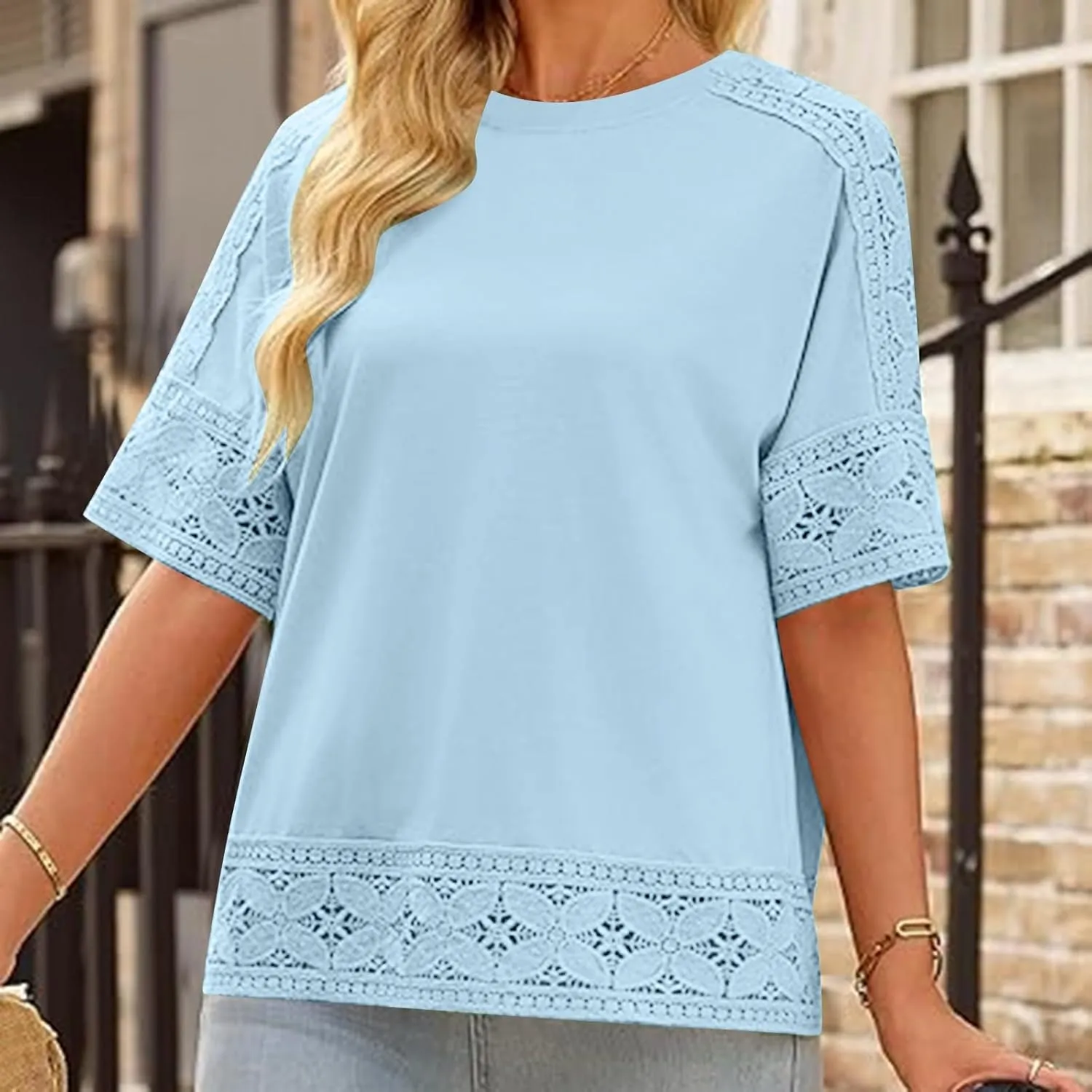 Lace Hollow Out Cotton Linen T Shirts for Women Casual Summer 2025 Crewneck 3/4 Sleeve Tops Loose Vacation Boho Tees