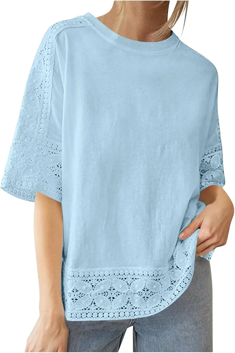 Lace Hollow Out Cotton Linen T Shirts for Women Casual Summer 2025 Crewneck 3/4 Sleeve Tops Loose Vacation Boho Tees