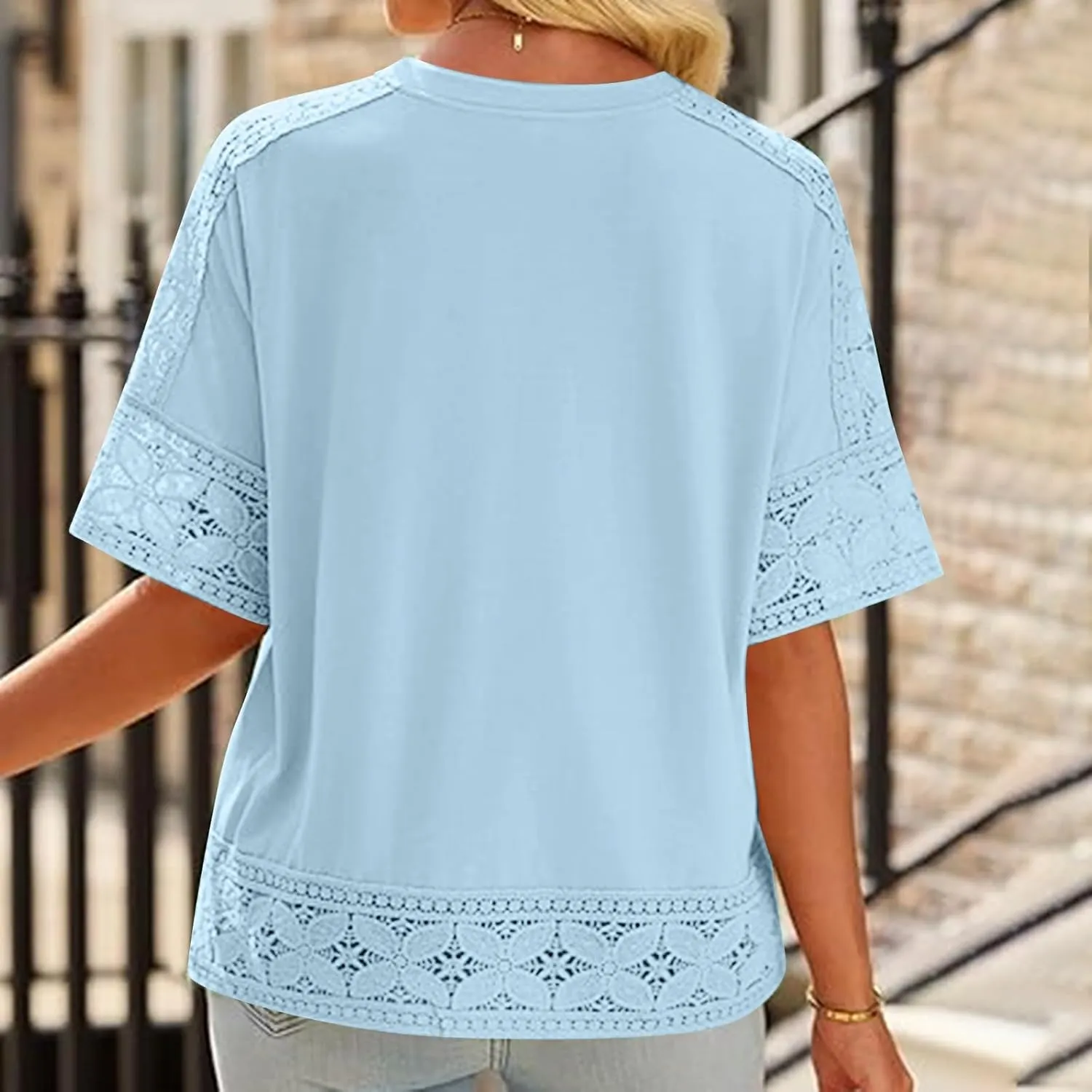 Lace Hollow Out Cotton Linen T Shirts for Women Casual Summer 2025 Crewneck 3/4 Sleeve Tops Loose Vacation Boho Tees