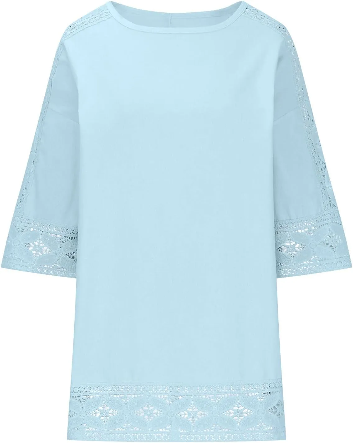 Lace Hollow Out Cotton Linen T Shirts for Women Casual Summer 2025 Crewneck 3/4 Sleeve Tops Loose Vacation Boho Tees