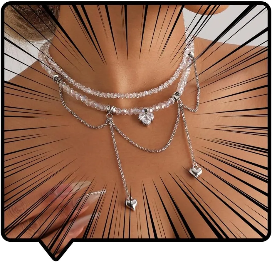 Layered Crystal Beaded Choker Necklace with Heart Charms, Silver Chain Drop Pendants Earrings for Women