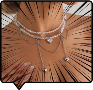 Layered Crystal Beaded Choker Necklace with Heart Charms, Silver Chain Drop Pendants Earrings for Women