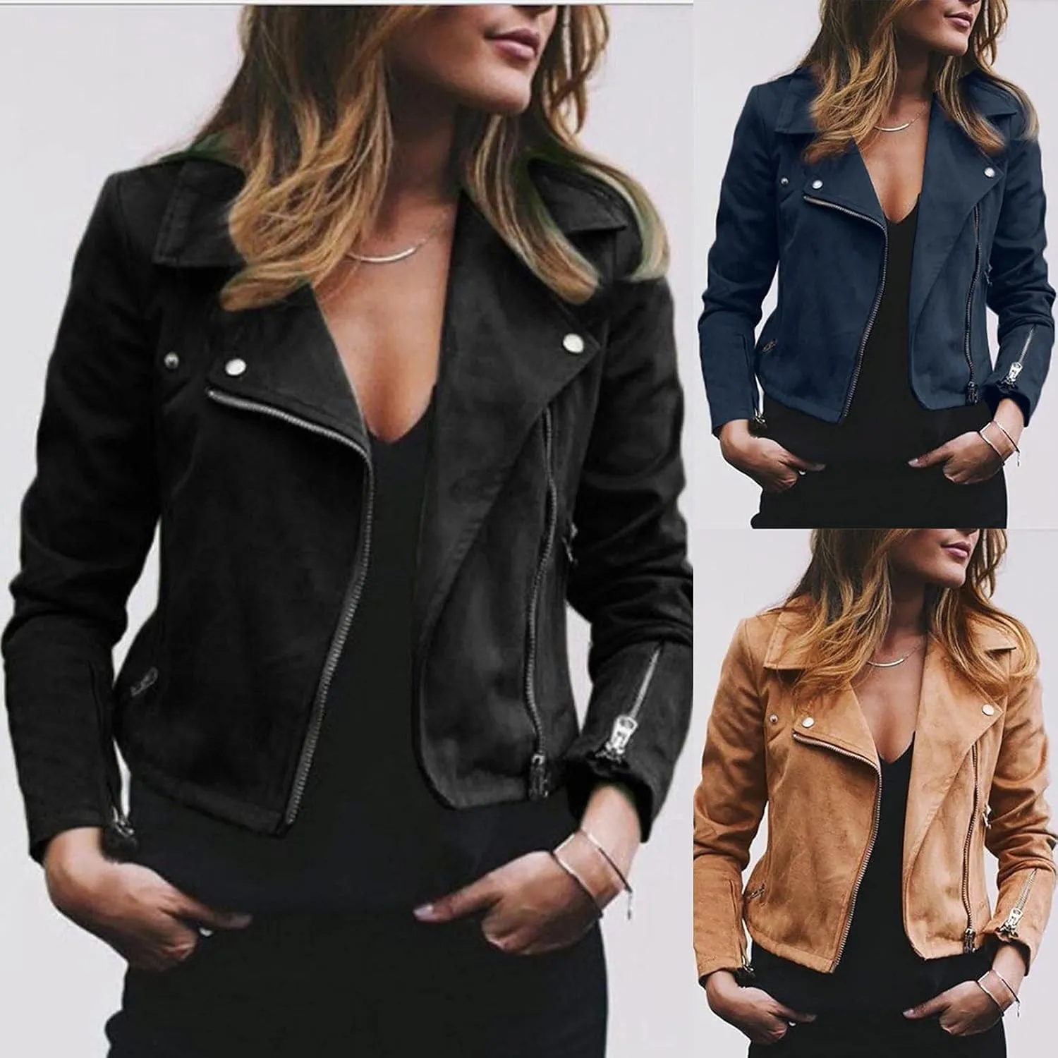 Leather Jacket for Women Long Sleeve Fashion Blazer Open Front Short Cardigan Solid Color Zipper Overcoats