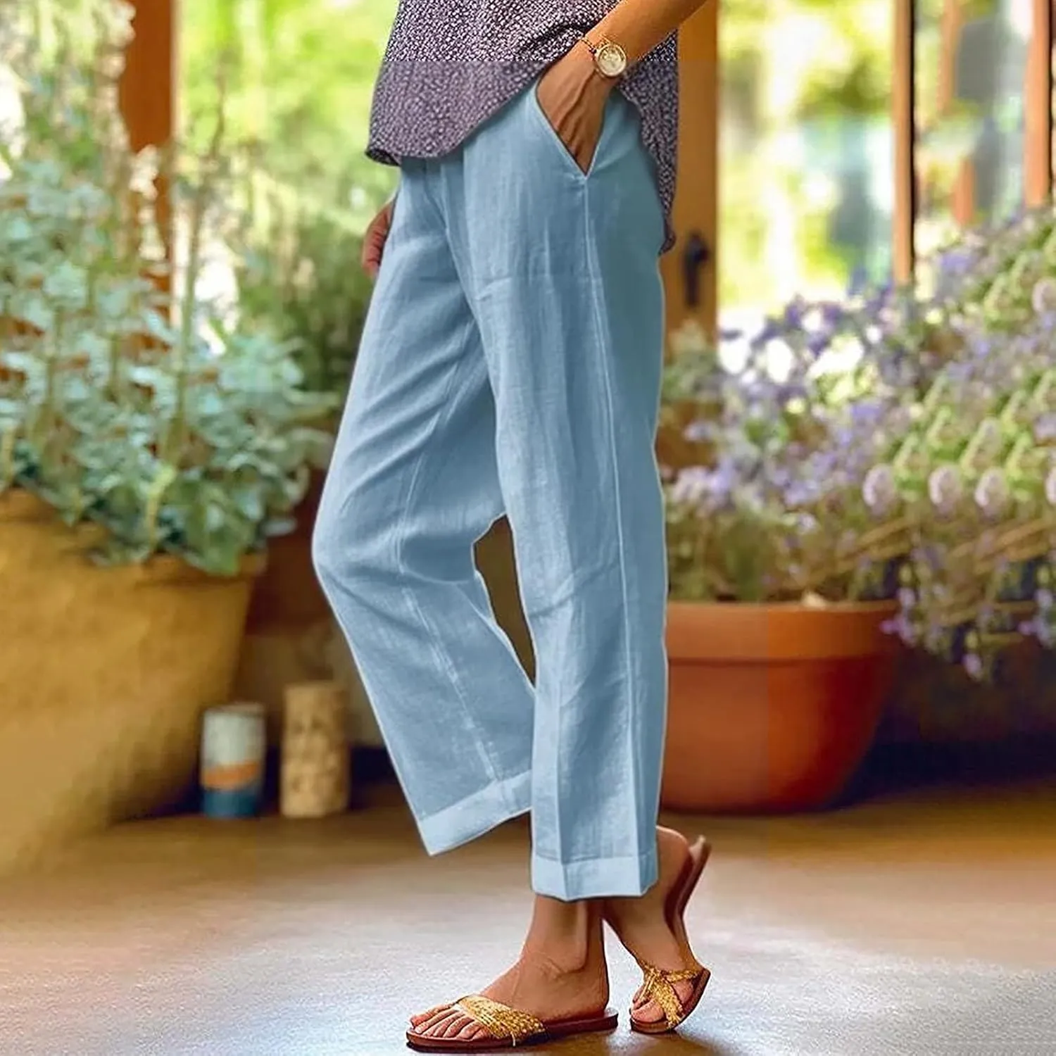 Light Weight Pants for Women Linen Pants Elastic Waist Straight Leg Plus Size Crop Pants Beach Trousers with Pockets