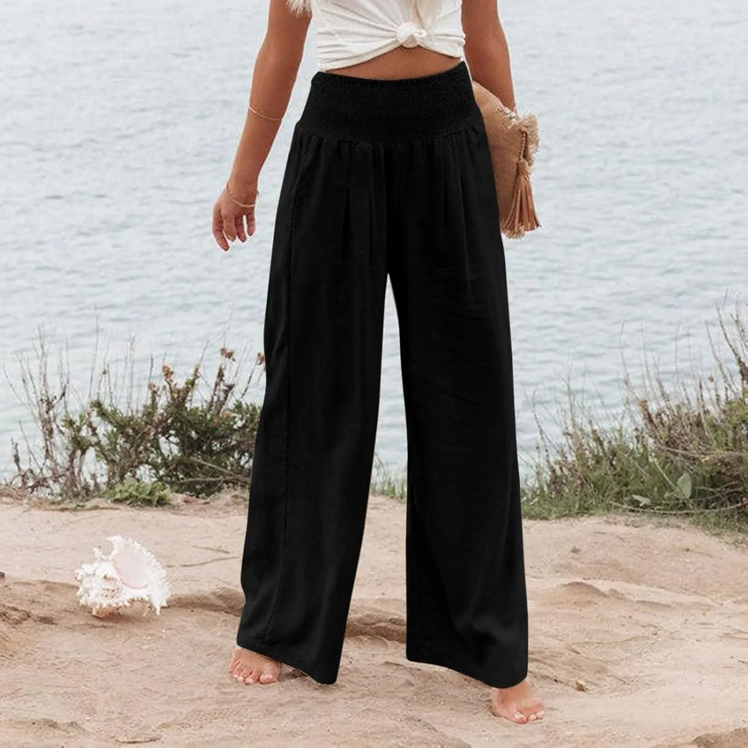 Linen Palazzo Pants Women Summer Boho Wide Leg High Waist Lounge Pant 2025 Casual Beach Vacation Outfits