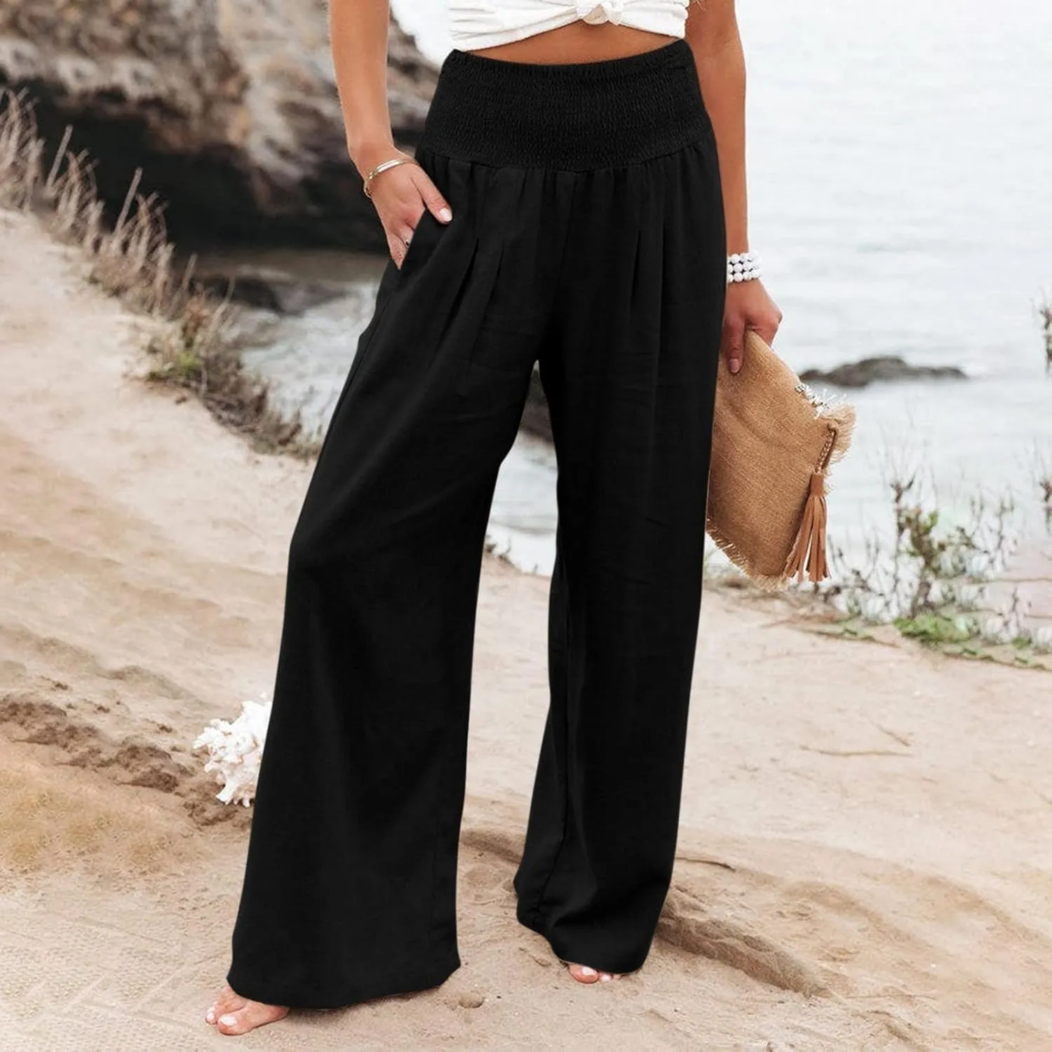 Linen Palazzo Pants Women Summer Boho Wide Leg High Waist Lounge Pant 2025 Casual Beach Vacation Outfits