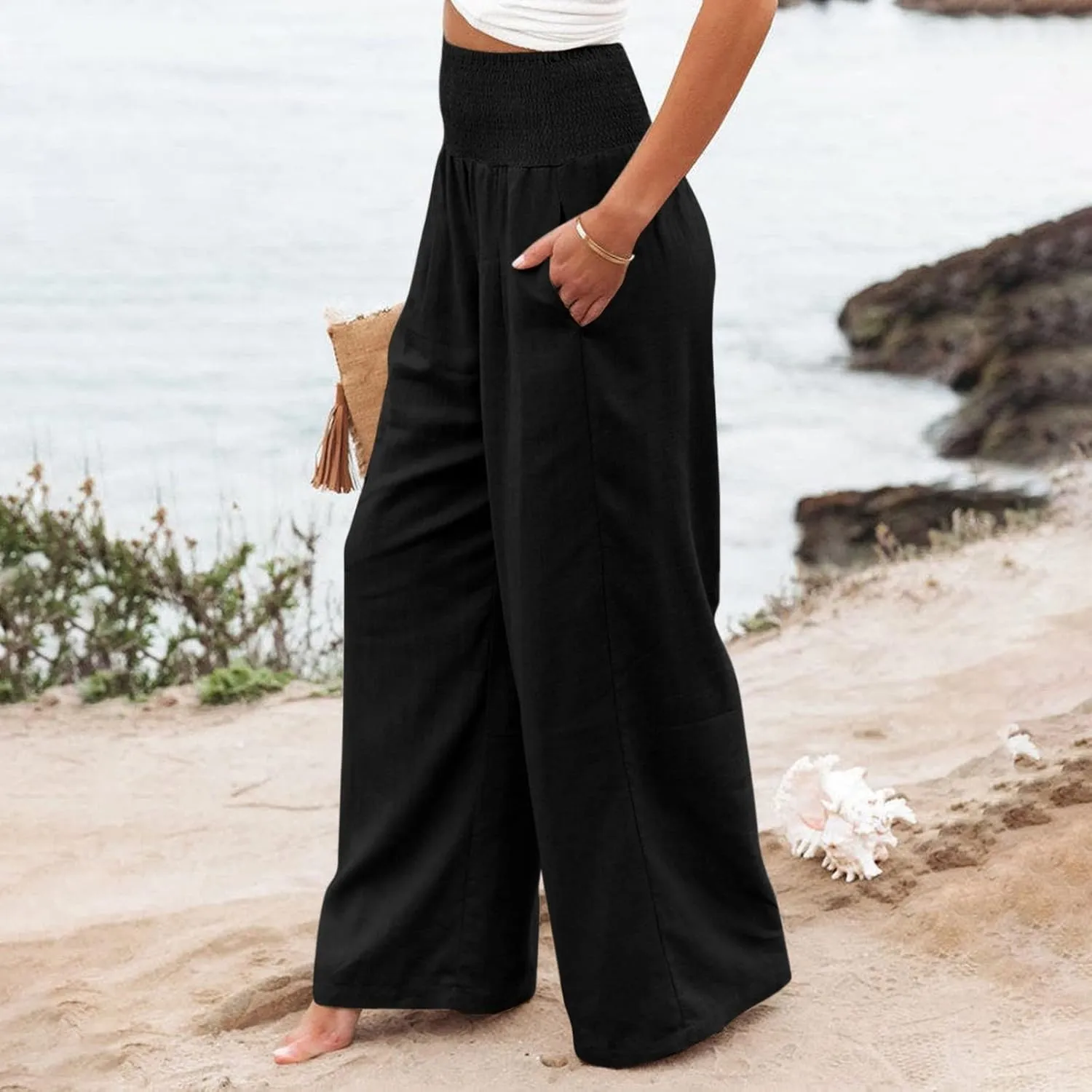 Linen Palazzo Pants Women Summer Boho Wide Leg High Waist Lounge Pant 2025 Casual Beach Vacation Outfits