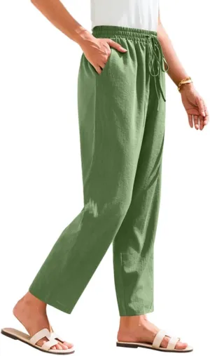 Linen Pants for Women Petite Beach High Waist Cropped Capris Elastic Tapered Ankle Drawstring Pants with Pockets