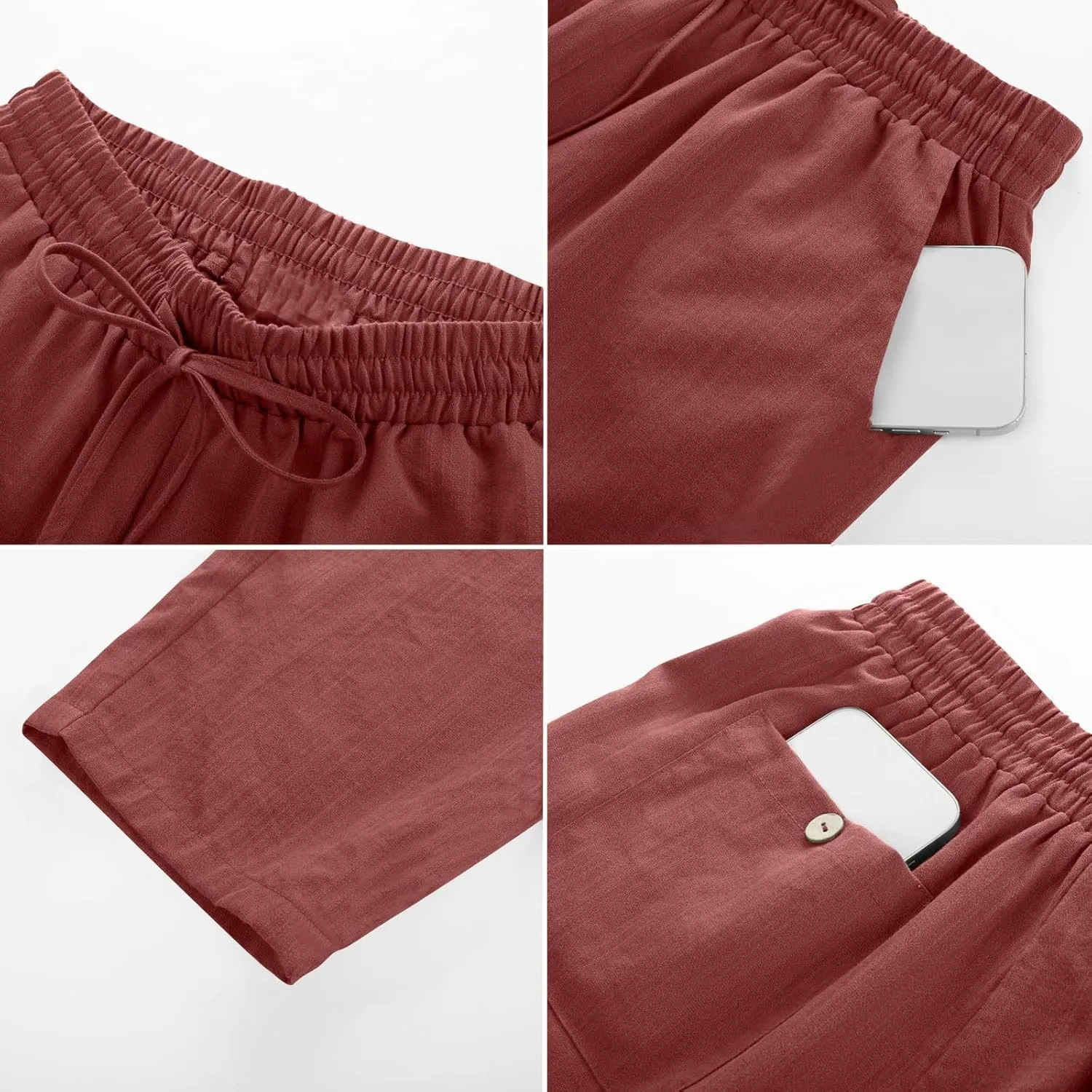 Linen Pants for Women Petite Beach High Waist Cropped Capris Elastic Tapered Ankle Drawstring Pants with Pockets