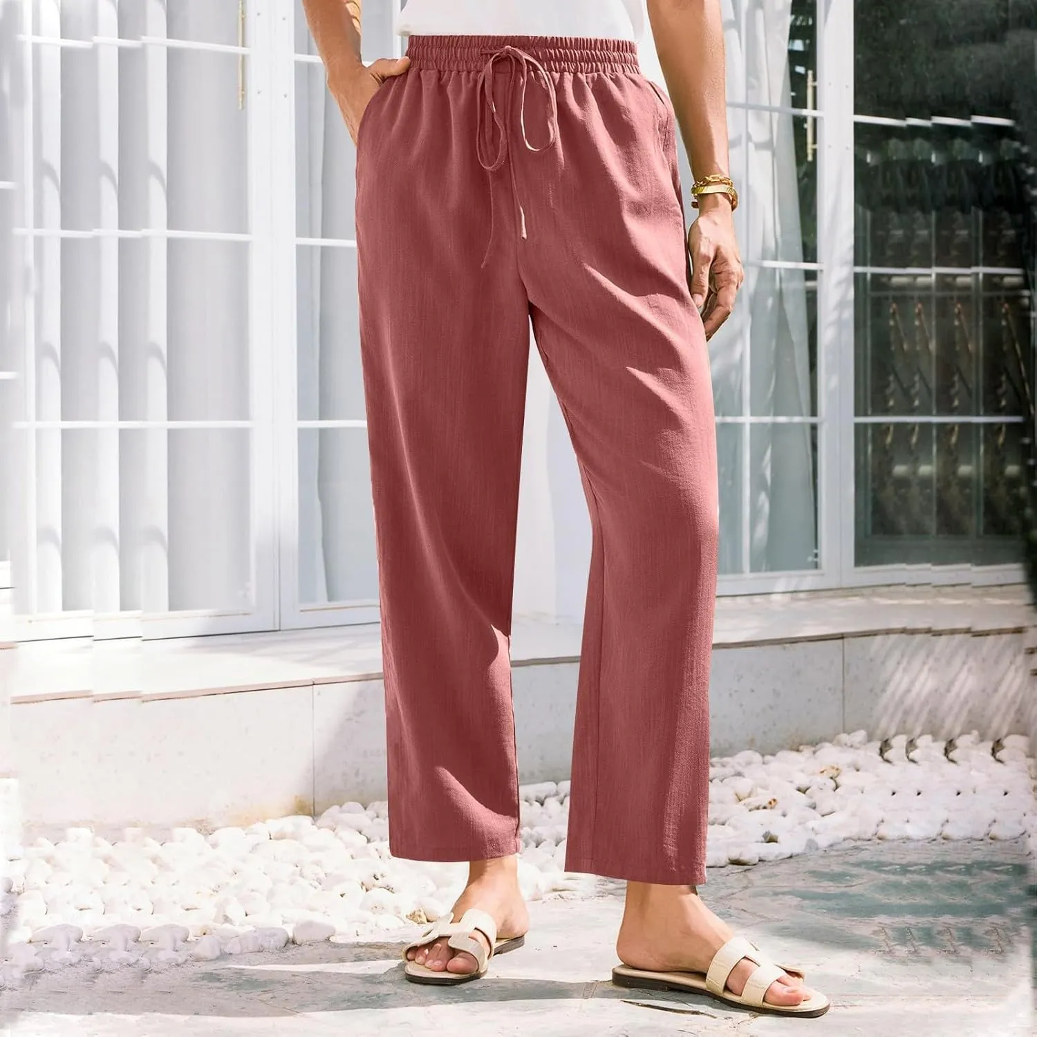 Linen Pants for Women Petite Beach High Waist Cropped Capris Elastic Tapered Ankle Drawstring Pants with Pockets