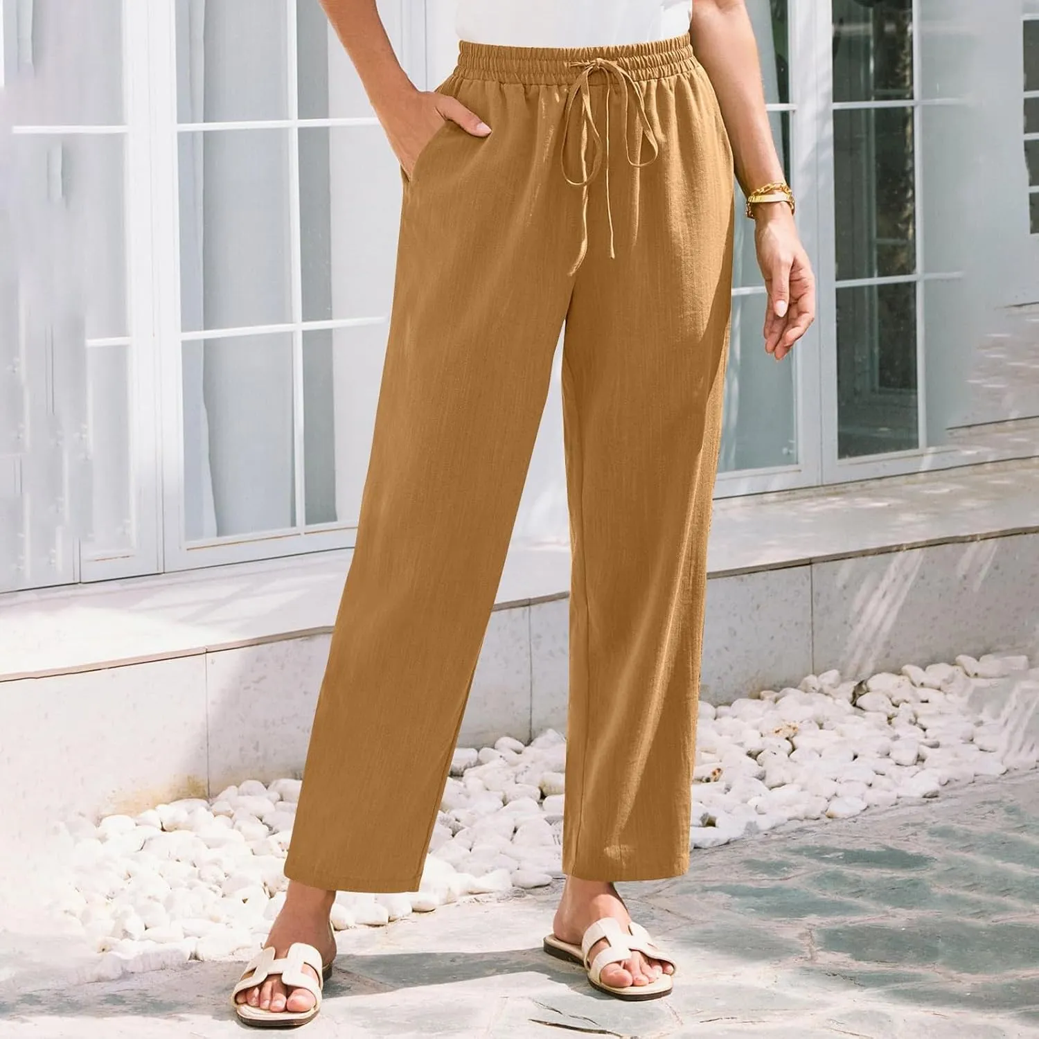 Linen Pants for Women Petite Beach High Waist Cropped Capris Elastic Tapered Ankle Drawstring Pants with Pockets
