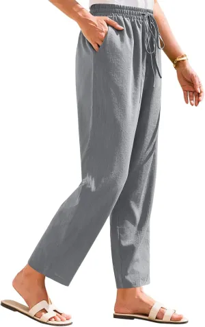Linen Pants for Women Petite Beach High Waist Cropped Capris Elastic Tapered Ankle Drawstring Pants with Pockets